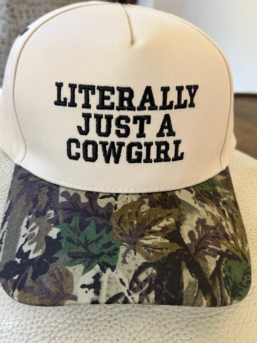 Zenana “Literally Just a Cowgirl” Camo Print Trucker Hat Beige Black Adjustable